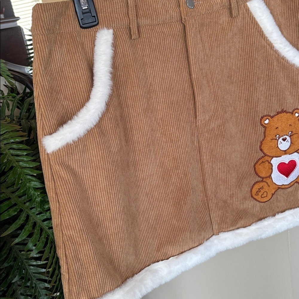 Brand New SHEIN X Care Bears Embroidered Tan Corduroy Mini Skirt Faux Fur Trim - Picture 5 of 15